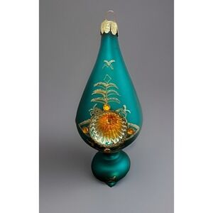 Finial Blown Glass Ornament 6" Teal w/Gold Glitter